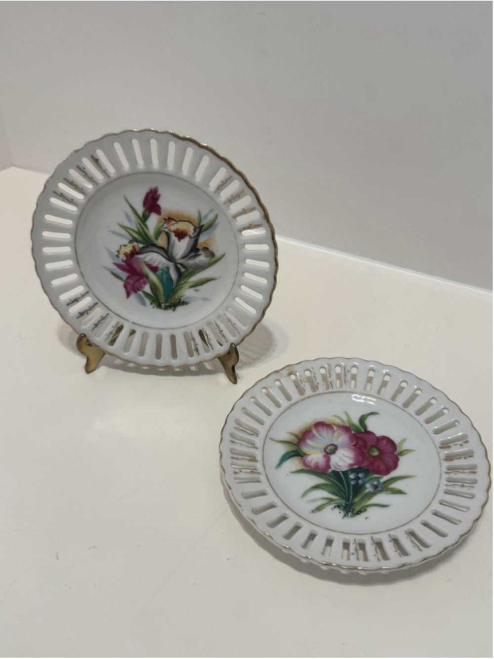 Schumann Bavarian Reticulated Plates-Dresden Flowers Porcelain-German Lattice